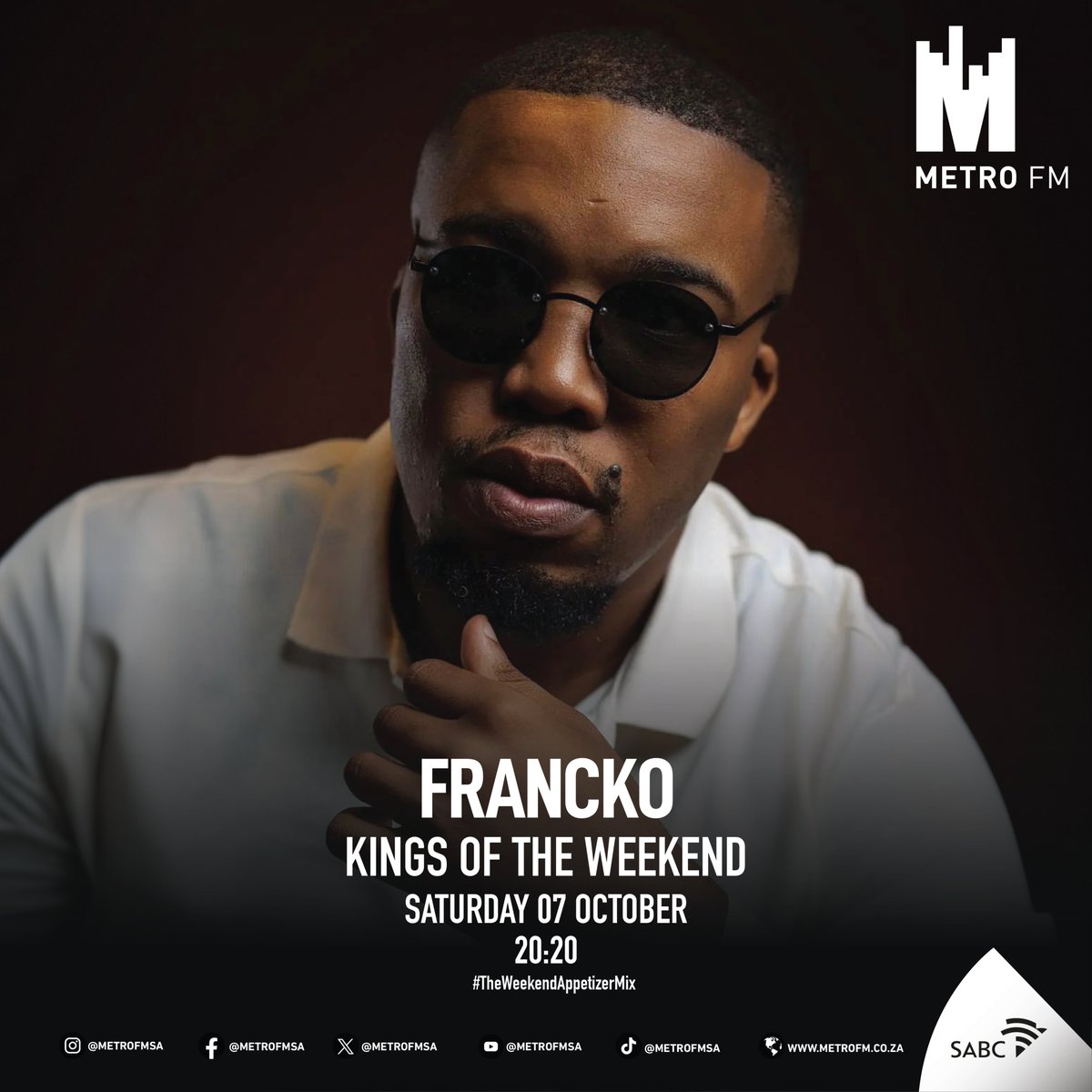 METROFMSA's tweet photo. 2nd mix on the show just started. We have the GqebCity hitter Francko on #TheWeekendAppetizer mix 2nyt. A magical 3 step ride!
#KingsOfTheWeekendRadio @sphectacula @djnaves https://t.co/l91naQx4eM