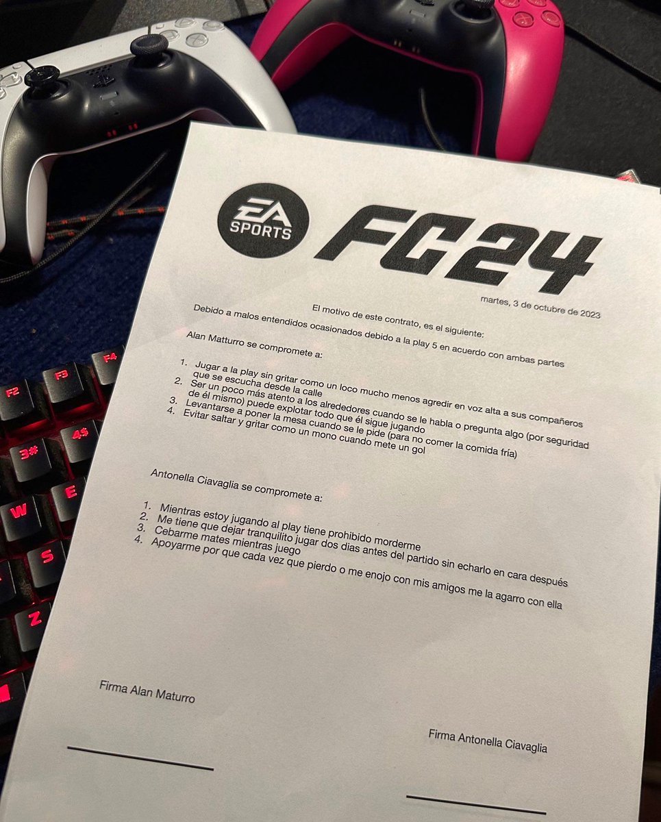 El contrato que tuvo que firmar el futbolista uruguayo Alan Maturro con su pareja para poder jugar al nueva EA FC 24.

Me parece lo más justo 😂🇺🇾