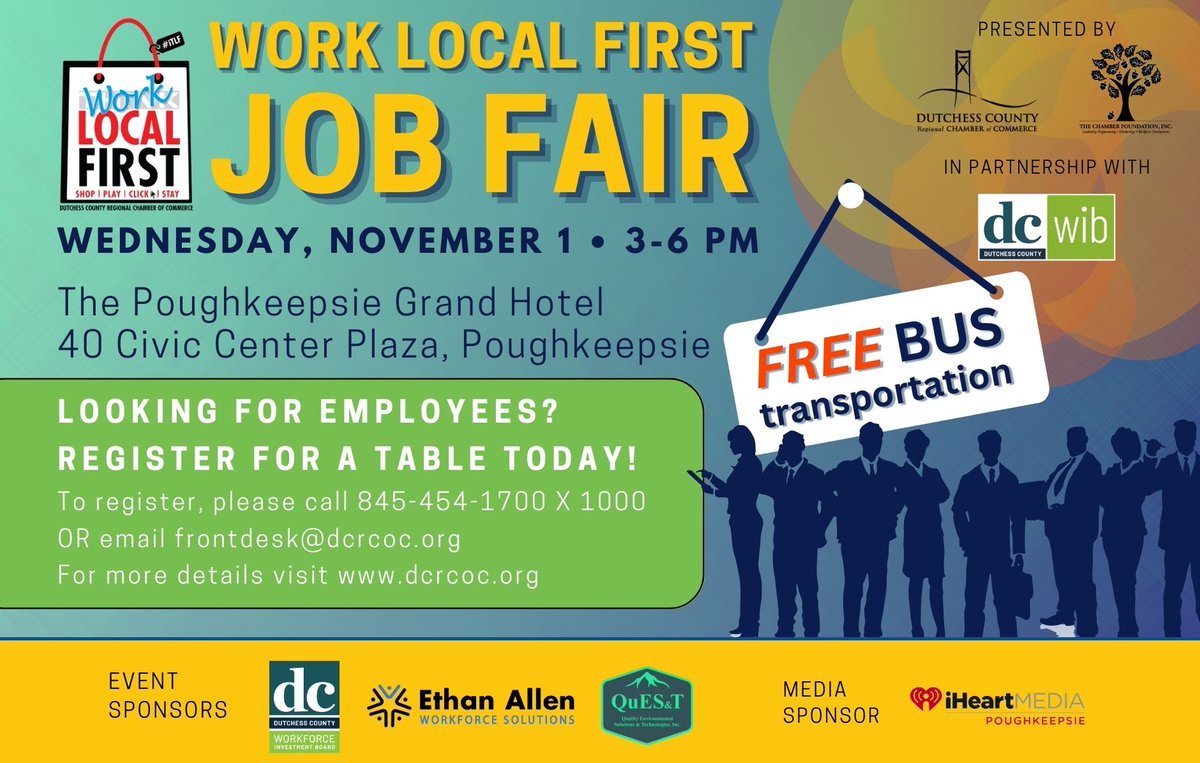 If you're looking to fill positions and believe in hiring from the local community, then our next Work Local First Job Fair on Wednesday, November 1st is for you! Register at dcrcoc.org/jobfair
#dutchesscounty #jobfair #worklocalfirst #poughkeepsie