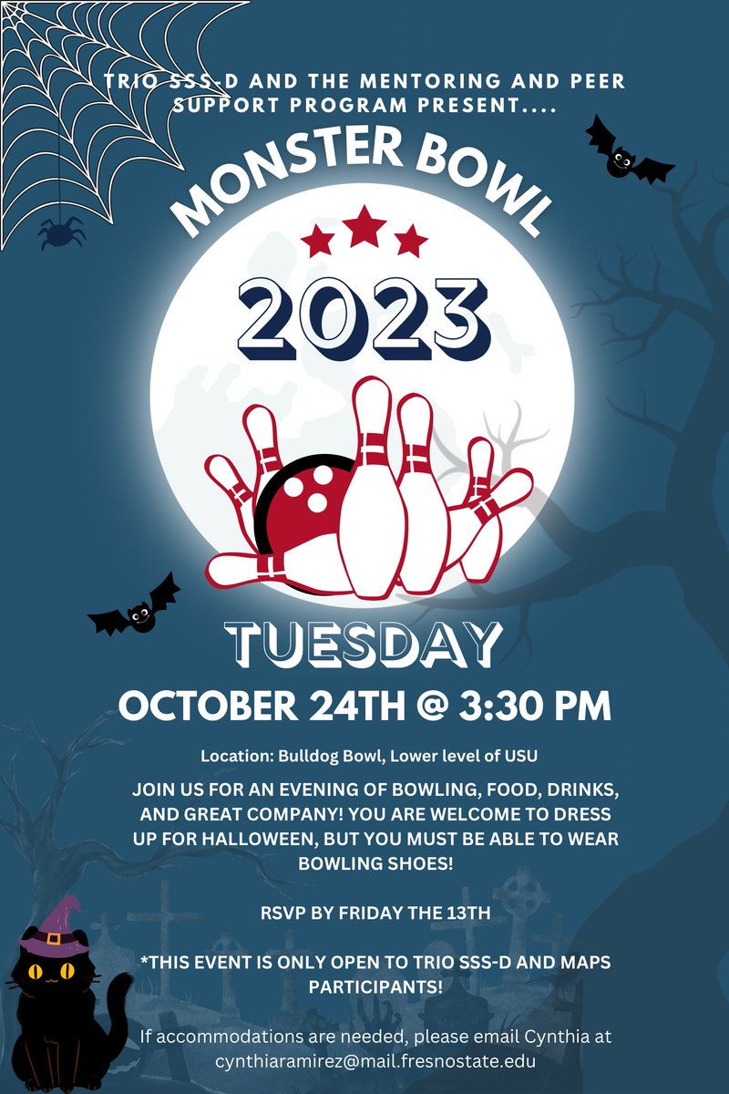 Catch up with peers, bowl, and eat pizza at Monster Bowl on Tuesday, October 24th at 3:30pm! 🎳🎃 Costumes are welcome, but you must be able to wear bowling shoes. RSVP by October 13th! To RSVP or ask questions/concerns, email cynthiaramirez@mail.fresnostate.edu ❤️🐾

#TRIOworks