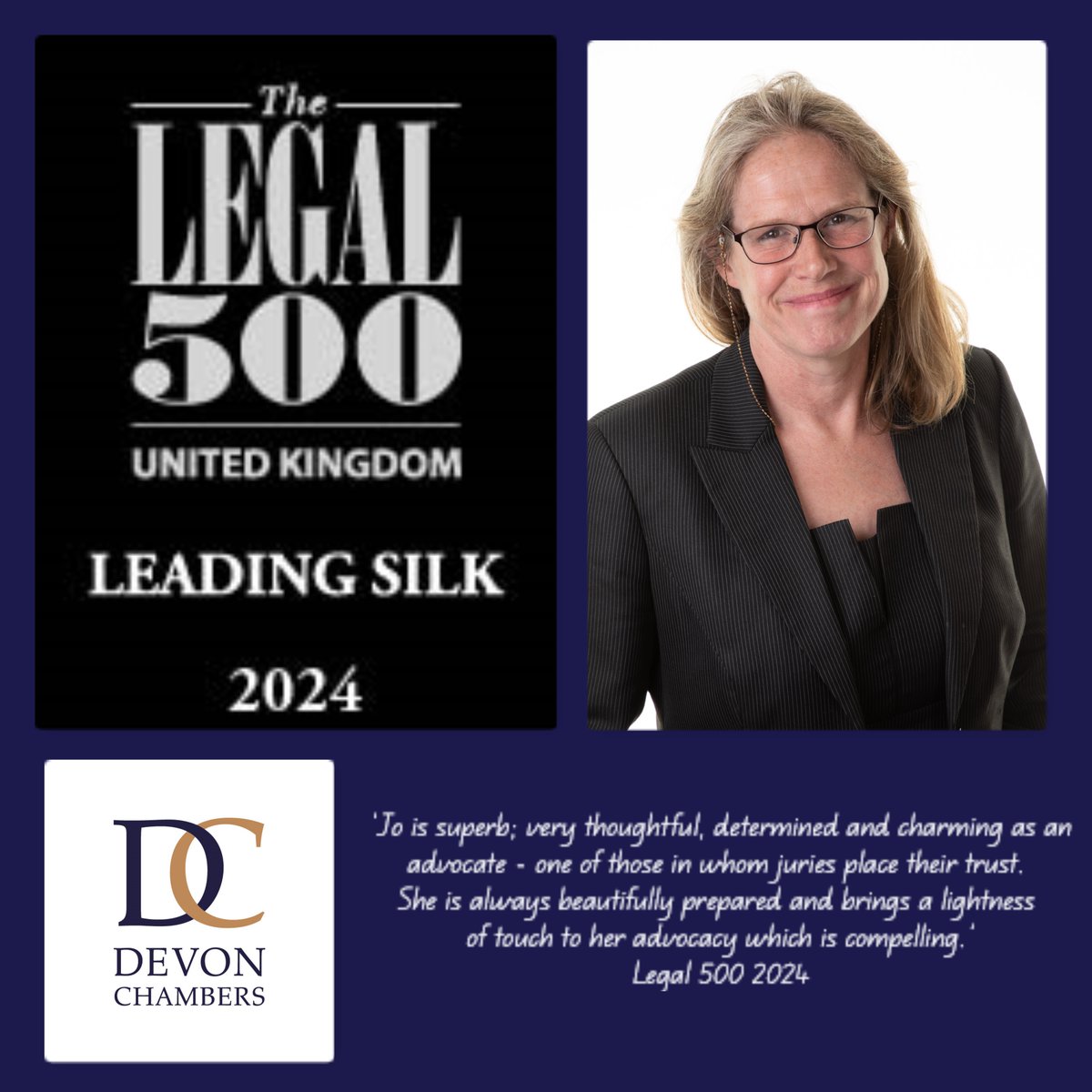 devonbarrister's tweet photo. @devonbarrister congratulates @jomartinkc on her @UK_Legal500 success! #leadingsilk #KC #devonchambers @westerncircuit https://t.co/YGqdB29HqQ