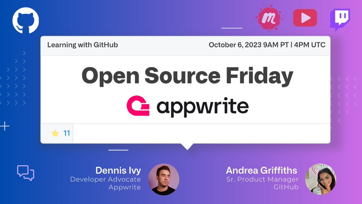 GitHubCommunity's tweet image. Join @alacolombiadev for #OpenSourceFriday 🚀 with Dennis Ivy (@dennisivy11). Learn how to effortlessly integrate Auth, DBs, Functions, and Storage using @Appwrite.

📺  We&apos;re live on twitch.tv/github
🗓️ October 6th at 9AM PT