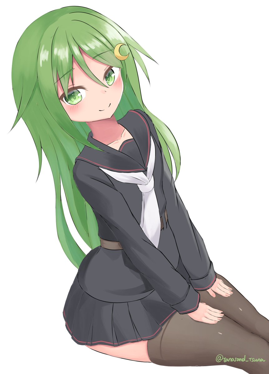 nagatsuki (kancolle) 1girl solo long hair green eyes school uniform green hair crescent  illustration images