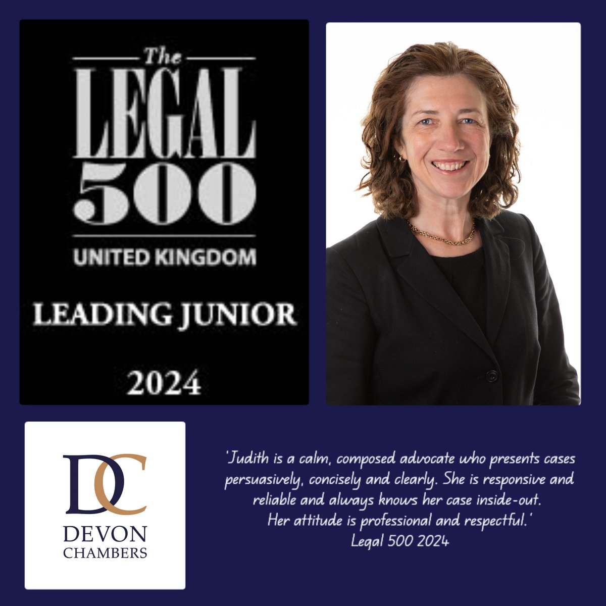 Many congratulations to <a href="/JudithConstable/">Judith Constable</a> on her <a href="/UK_Legal500/">The Legal 500 UK</a> success! #regulatorycrime #devonchambers #barrister