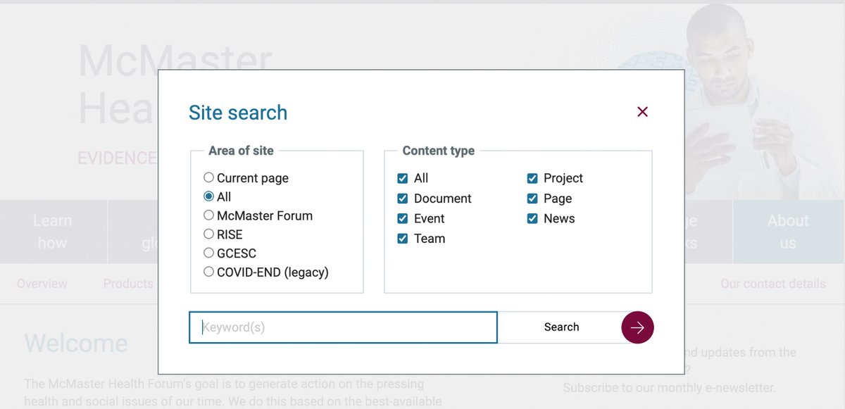 We have recently upgraded the search functionality across four of our sites (McMaster Health Forum, @OHTrise, @EvidenceComm & @COVID_E_N_D) to improve the user experience mcmasterforum.org