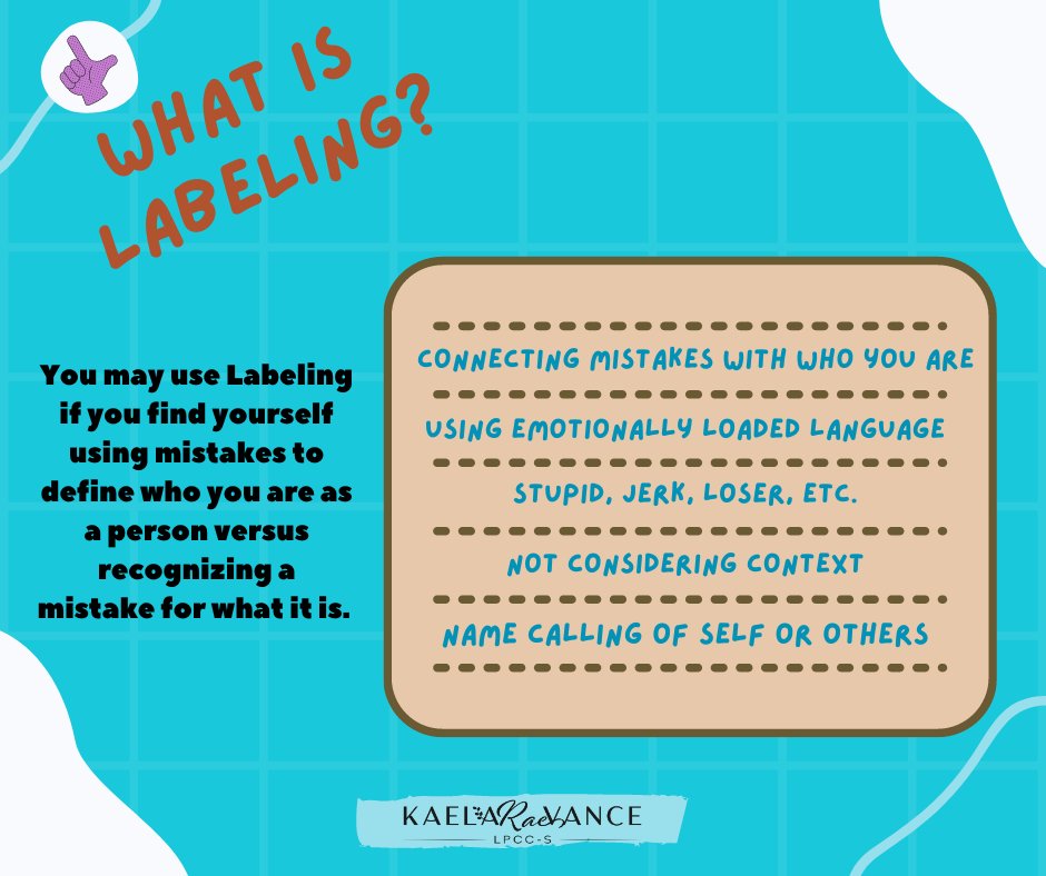 ❇️ Labeling  ❇️ a cognitive distortion where you 'name call' or Label yourself or others in a negative way. These labels are typically do not consider the facts of the matter or context. 

#CognitiveDistortions #Thinking #StinkingThinking #CBT #Therapy #MentalHealth #Counseling