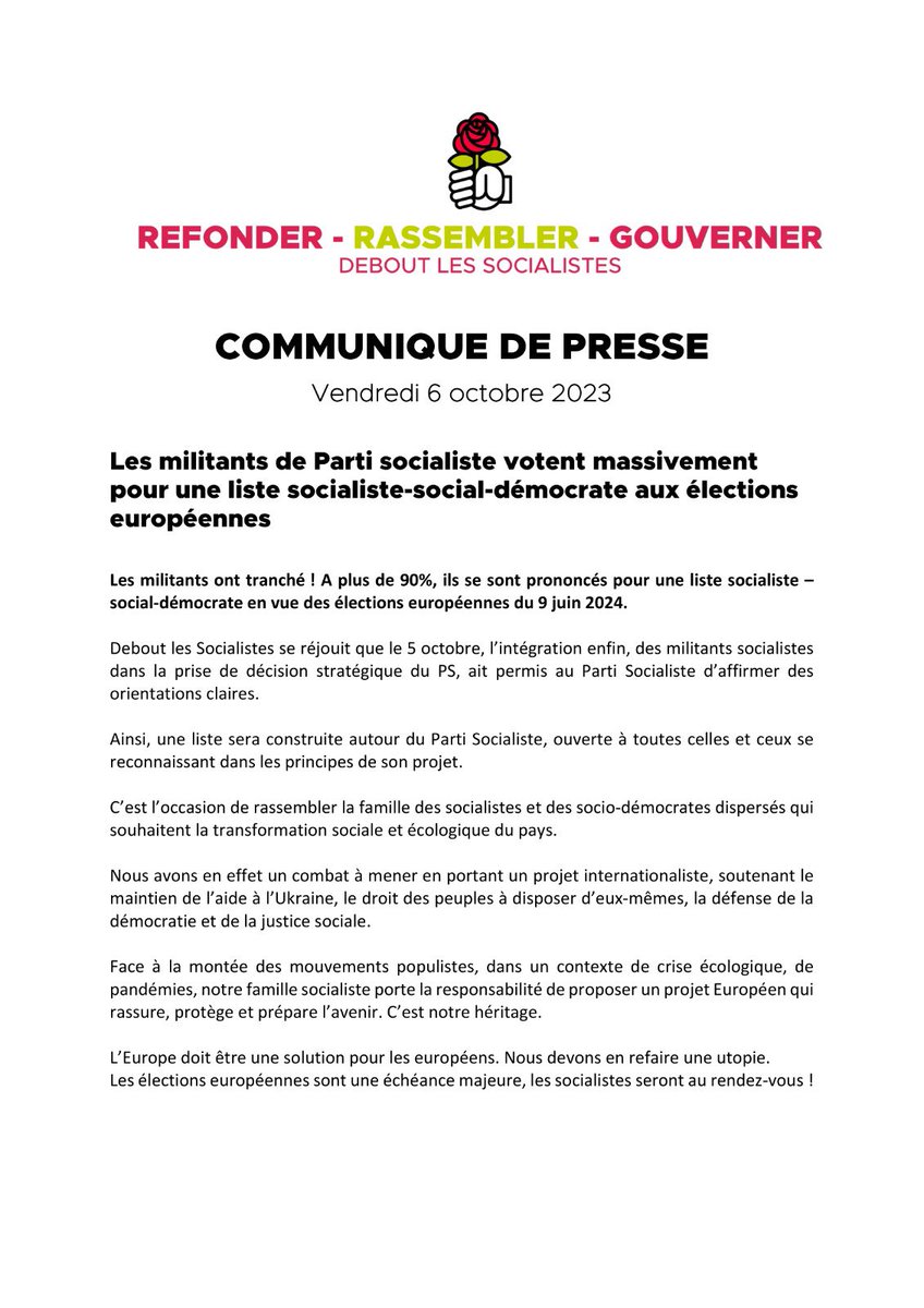 Je me réjouis qu’à plus de 90%, les militants socialistes se soient prononcés pour une liste socialiste aux 🇪🇺. Un résultat sans appel, un point d’appui fort pour rassembler la famille socialiste et les socio-démocrates et faire de l’Europe une solution pour les européens.