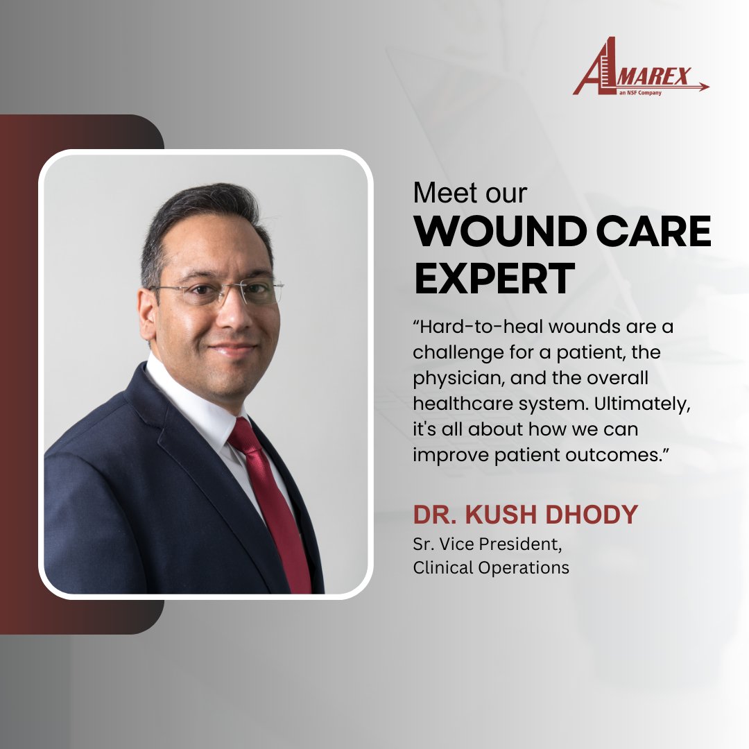 AmarexClinical's tweet photo. Amarex has over 20 years of Wound Healing experience. 

Learn more about the expert, Dr. Kush Dhody: https://t.co/qyrR29by83

#woundhealing #woundcare #cro #clinicaltrial #clinicaltrials #clinicalresearch #pharma #pharmaceutical #biotech #biotechnology #medicaldevice https://t.co/gvybYjxo0z