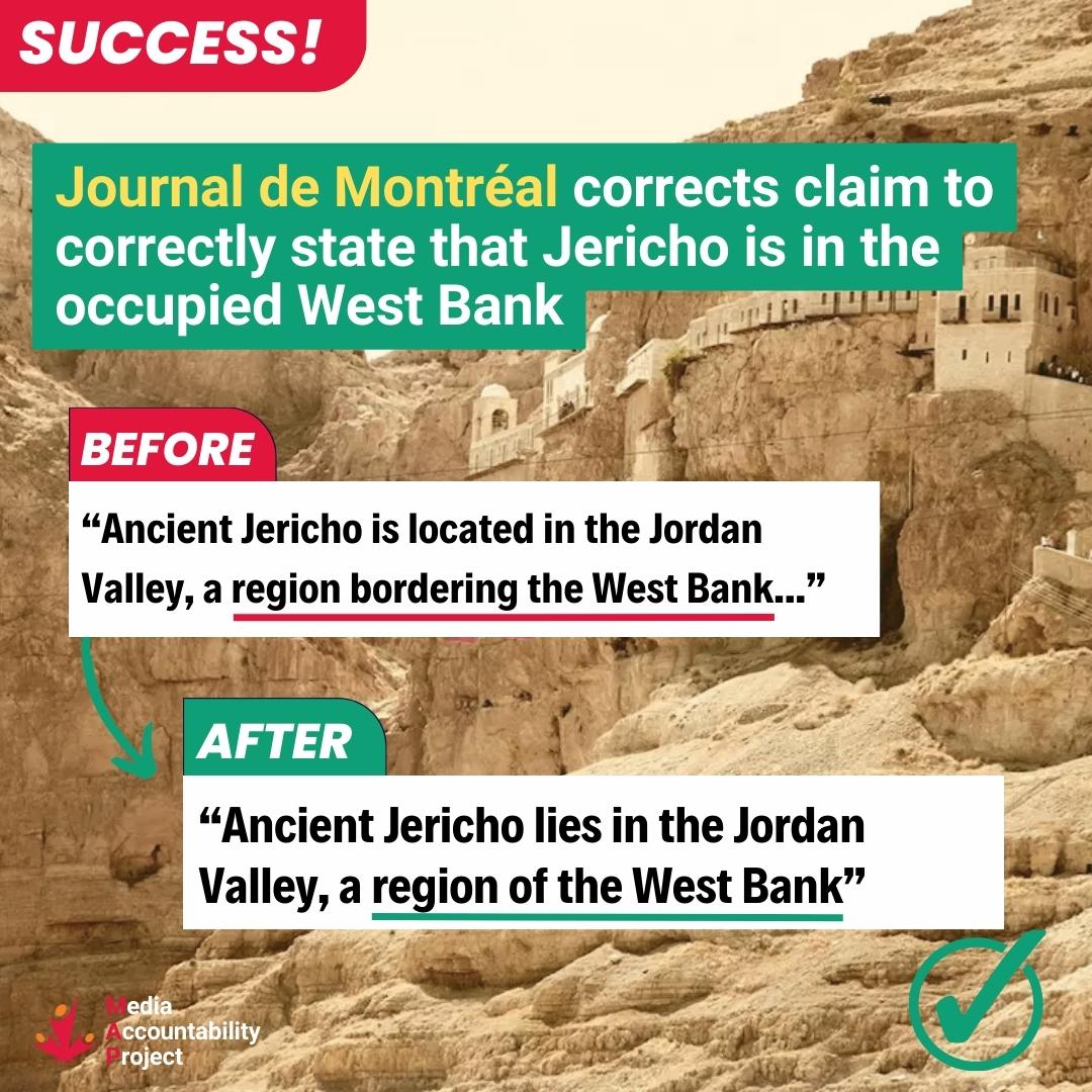 ✅ Success! The Journal de Montréal corrects claim to correctly state that Jericho is located in the occupied West Bank. Read more: cjpmemap.ca/impact_2023_10…