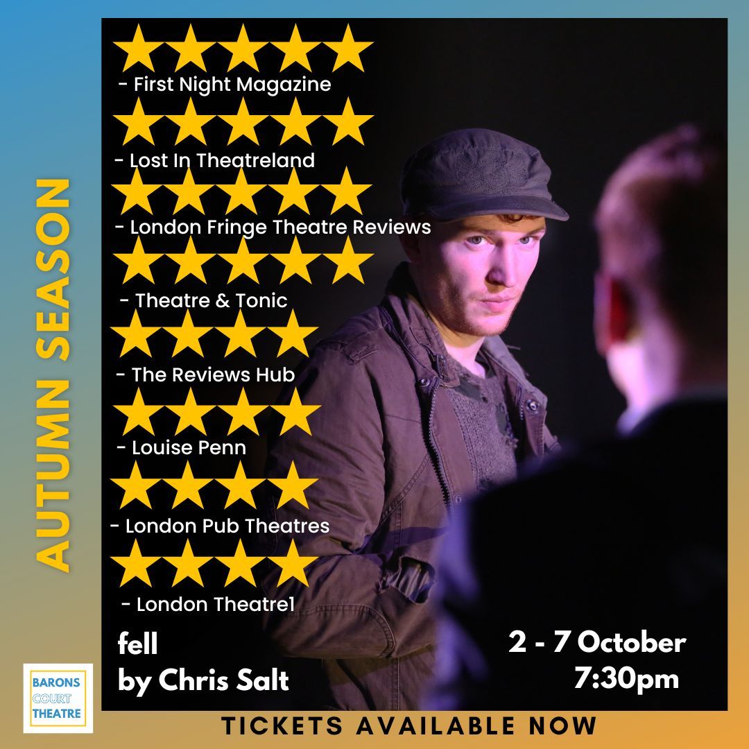 Barons Court Theatre (@baronscourt_w14) on Twitter photo Happy Friday, y'all! Treat yourself this weekend to this beautiful production of fell by <a href="/csaltesq/">Chris Salt</a> from <a href="/edgewaysarts/">Edgeways Productions</a>. Just two more chances to catch this play before it heads out on tour. Come to the BC this weekend to see what all the buzz is about. 🎟️ buff.ly/3LAtF0e Happy Friday, y'all! Treat yourself this weekend to this beautiful production of fell by <a href="/csaltesq/">Chris Salt</a> from <a href="/edgewaysarts/">Edgeways Productions</a>. Just two more chances to catch this play before it heads out on tour. Come to the BC this weekend to see what all the buzz is about. 🎟️ buff.ly/3LAtF0e