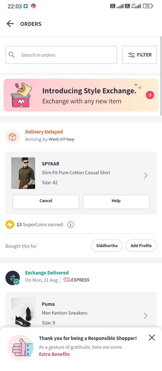 NameisSIDD's tweet photo. Kudos to @MyntraSupport for your resolution 👏🏾 after three weeks. They still can't give one resolution.. the order is still stuck at "delivery delayed" status.
Reality of assurance by one of the biggest E-commerce in the country.
No words for the service 🤐 https://t.co/3mv8OheurX
