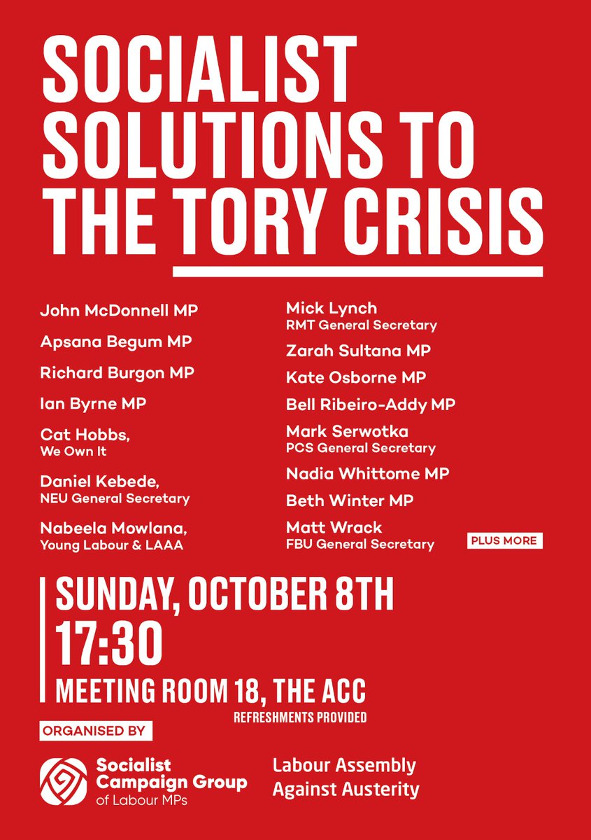 🌹 Labour Conference Event🌹

The Tories have overseen a decade of attacks on living standards and our public services.

Join us at our Labour Party Conference event to look at the socialist solutions we need to the Tory crisis.

🗓️ THIS SUNDAY, 5.30PM
Hosted with <a href="/labourassembly/">Labour Assembly</a>