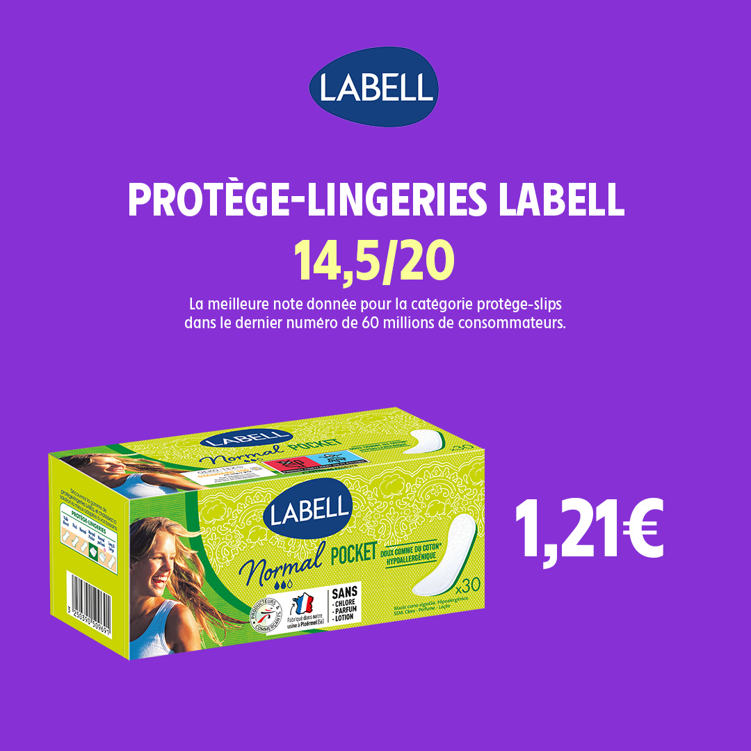 intermarche's tweet photo. Les protège-lingeries Normal Pocket sans chlore, parfum et lotion de notre marque #Labell fabriqués dans notre usine de Bretagne sont mis à l’honneur dans le nouveau numéro @60millions. Et premiers de la catégorie protège-slips, avec une note de 14.5/20 ! https://t.co/hngCdXVifA