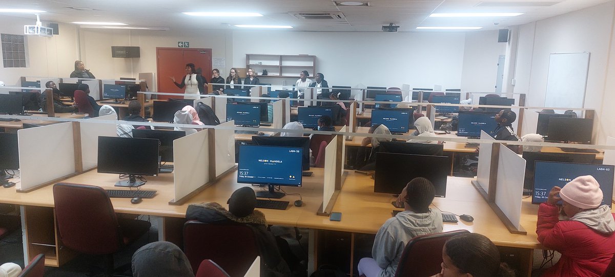 DBE_SA's tweet photo. This afternoon, as part of the activities at the #SAGirlsCanCode bootcamp in Gqeberha, the girls visited @MandelaUni's Computing Science department at the invitation of Professor Jean Greyling, who heads the department.
#DBE_CodingAndRobotics https://t.co/Zs9E6fZEEB