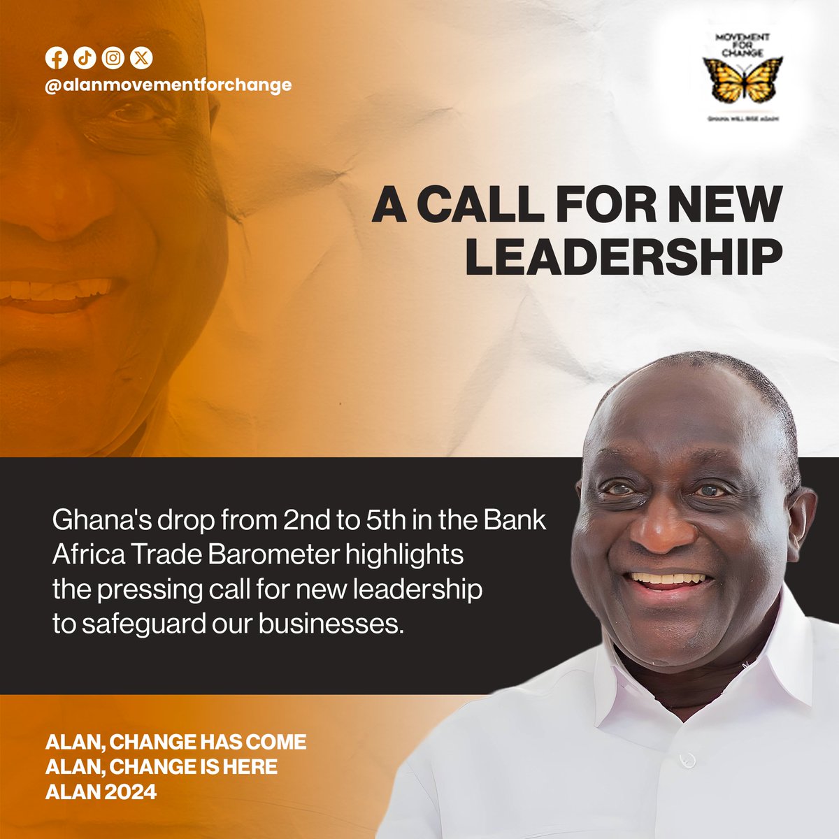 Alan4ThePeople's tweet photo. "Ghana's fall from 2nd to 5th in the Bank Africa Trade Barometer underscores the urgent need for fresh leadership to protect our businesses #alanforpresident #theamanforthejob #bringingcash #bringingjobs #thepeopleschoice #industrializationman #themovementforchange." https://t.co/Ohw6zKOfq2
