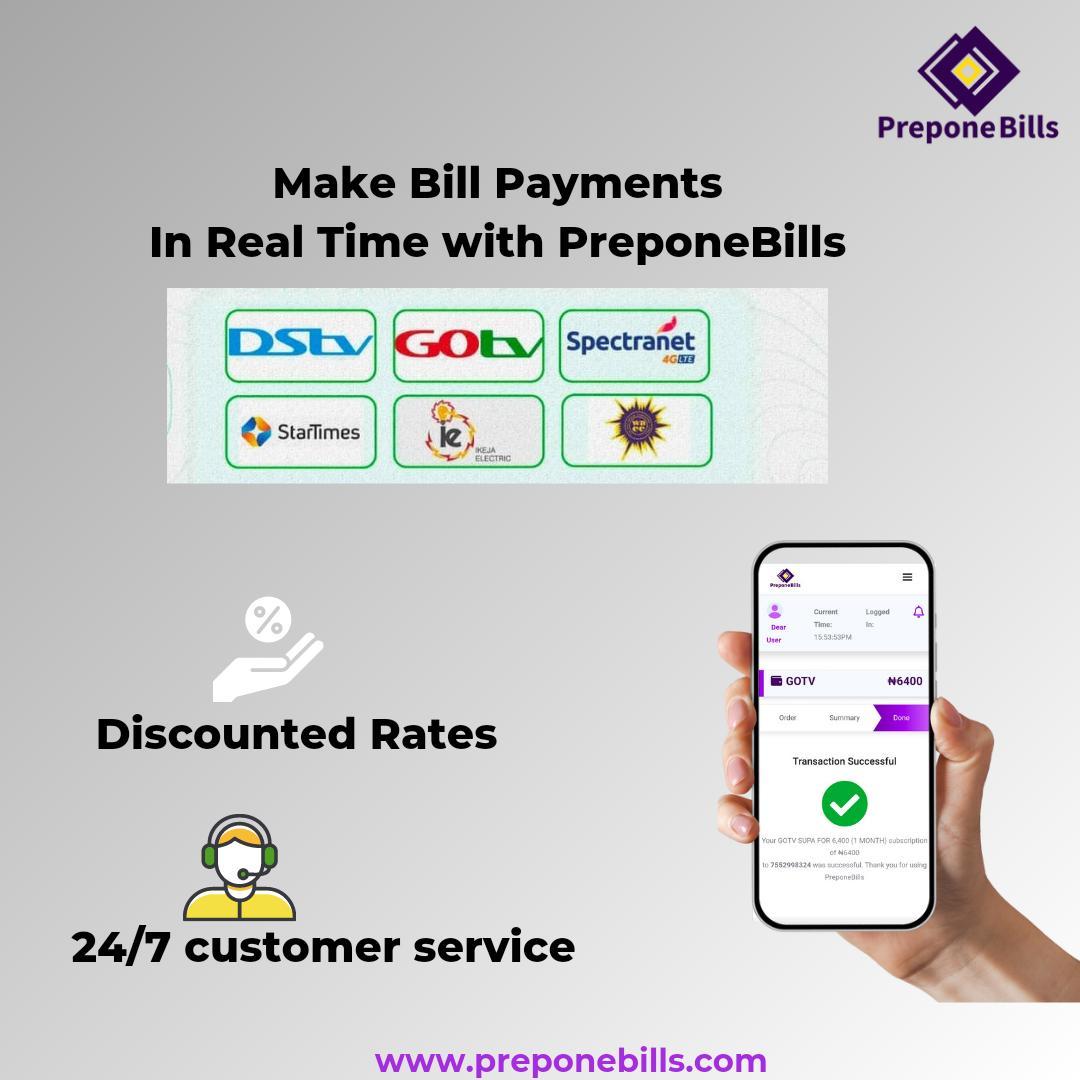 preponeBill's tweet photo. Do you know that you can pay for any of these;

📍DStv, GOtv, StarTimes
📍WAEC, NECO, JAMB
📍Electricity (Ikeja, Kedco, Eko, Ibadan, Abuja, Portharcourt, Jos)

And many more on PreponeBills,
Login to
https://t.co/uyuj7LdG1F

#discountedrates #247customerservice #Bills https://t.co/kmItt5XsES