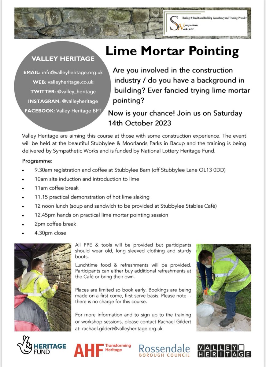 Still time to join our brilliant lime mortar course at Stubbylee Greenhouses on 14th October. 
The course is aimed at those with some construction experience 

Details and booking are on the poster above ⬆️🥽🧱👷

#heritageskills
#limemortar
#traditionalskills 
#rossendale
#bacup