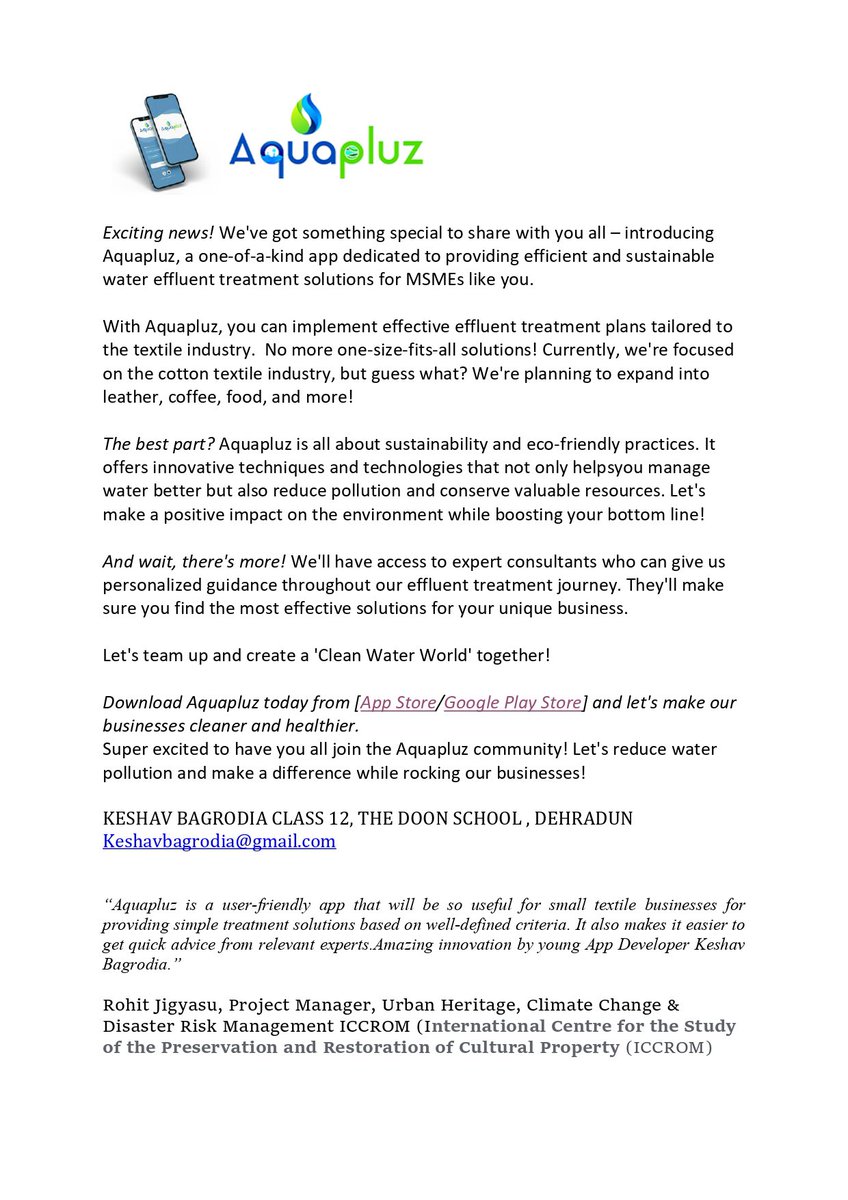 JKAroraEDPSCST's tweet photo. Came across an interesting App Aquapluz.  Good initiative by a school student to promote cleaner production by understanding the nuances of effluent treatment of Textile Dyeing industry. https://t.co/HSWNiNh0ol