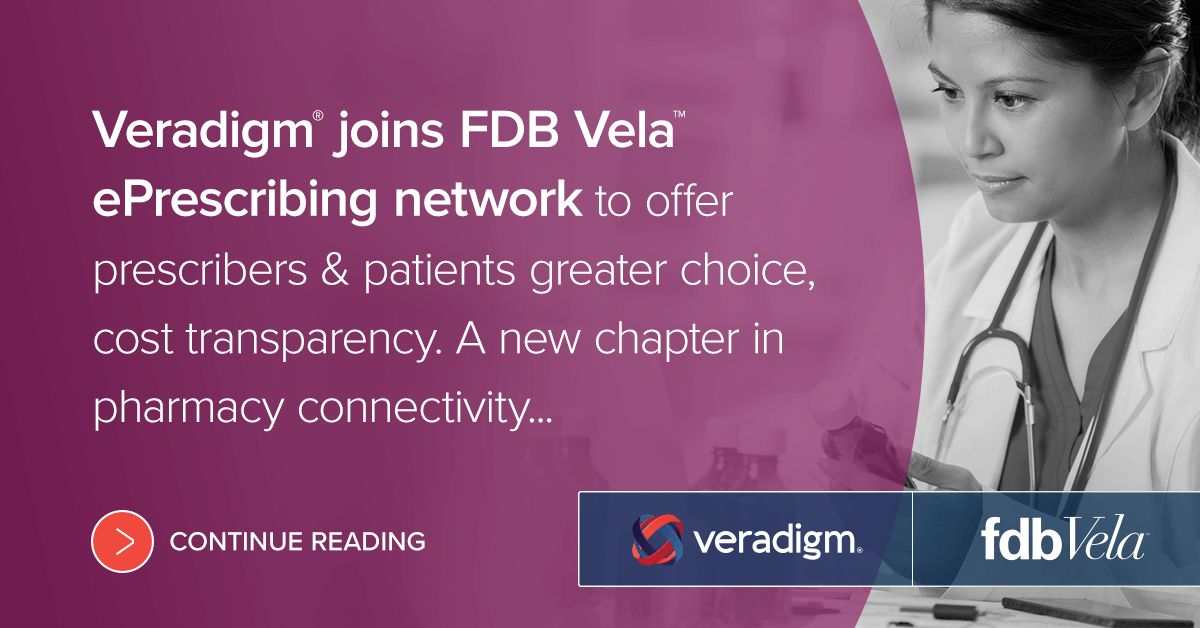FDB_US's tweet photo. Pleased to announce that @Veradigm is the first major #EHR network to join the FDB Vela™ #ePrescribingNetwork, a new chapter in pharmacy connectivity for users of Veradigm EHRs: https://t.co/SfVimJCTPX | #PharmacyWorkflow #PtExperience https://t.co/MULhqqQe6s