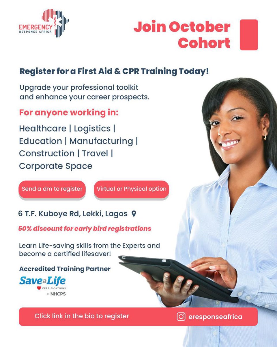 EResponseAfrica's tweet photo. Send a DM to join the early bird registration for October cohort at 50% discount.
Training options: Virtual and Physical
Location: 6, T.F Kuboye Road, Lekki Phase 1, Nigeria.
#firstaidforward #firstaidcertification https://t.co/prE9VWehZv