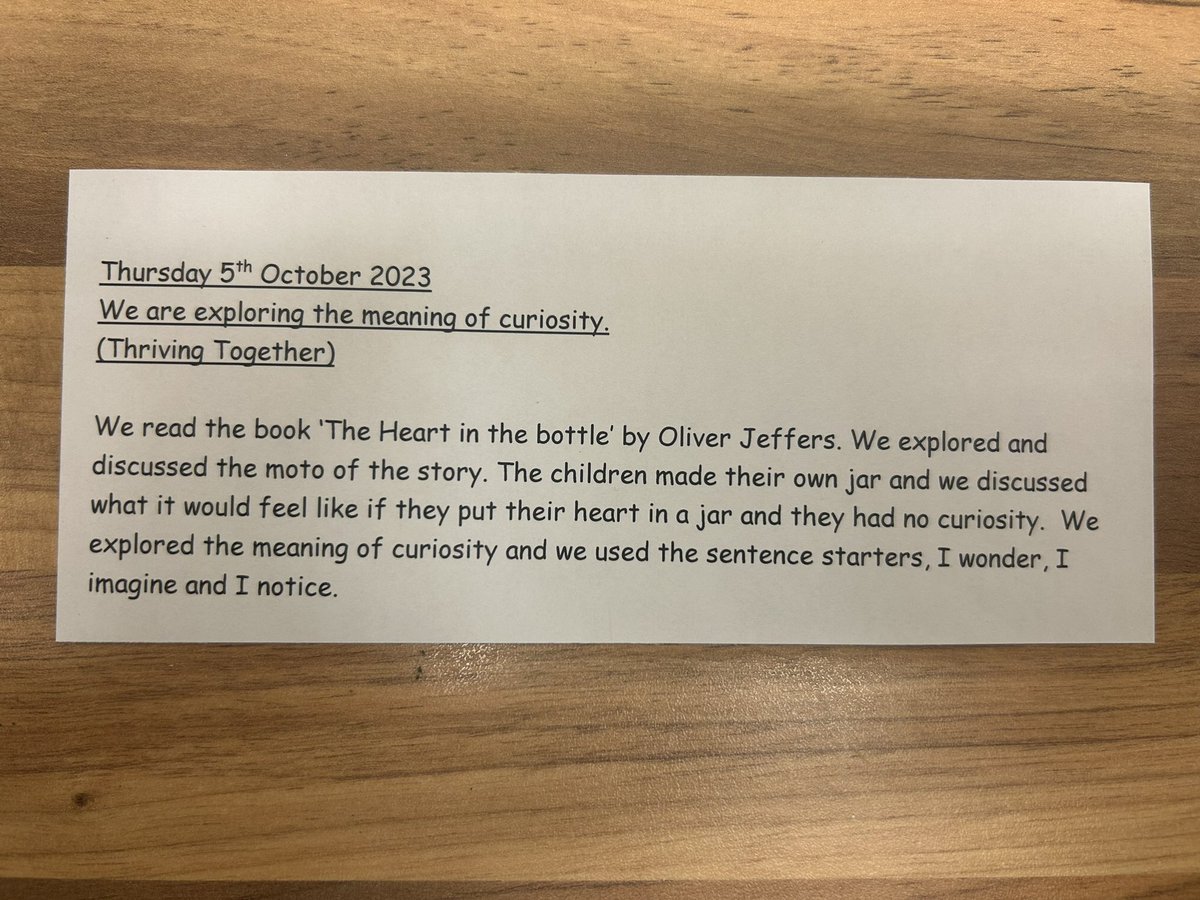 What does curiosity mean to you? We read the book ‘The Heart and the Bottle’ and the children wondered and imagined who the little girl was missing. We discussed what it would be like to have no curiosity. <a href="/OliverJeffers/">Oliver Jeffers</a> <a href="/SummerswoodPS/">Summerswood School</a> @MJonessps <a href="/SpsWheatcroft/">MrsWheatcroftSPS</a>