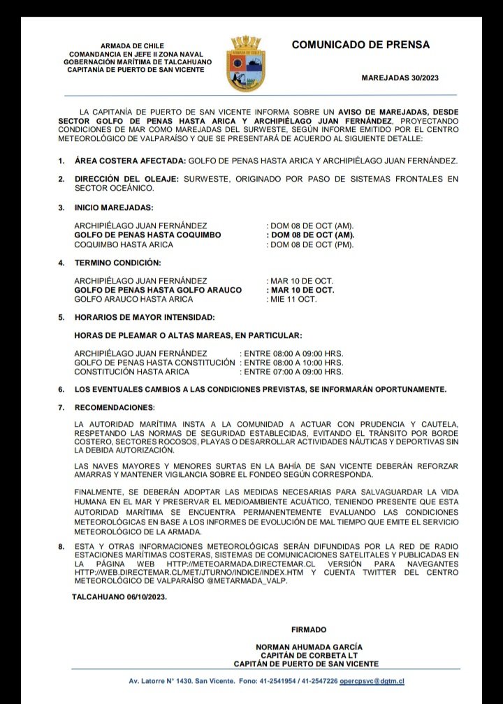 capuertovic's tweet photo. Informamos sobre un #AvisodeMarejadas emitido por Centro Meteorológico de Valparaíso que se presentará en área marítima de #Talcahuano y #Hualpén a contar domingo 08 octubre. Los detalles acá 👇
@DGTM_Chile @gm_talcahuano https://t.co/q6xvL5hFef