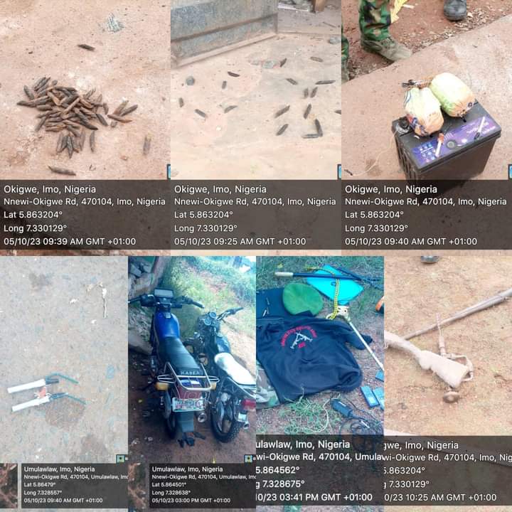 IntelRegion's tweet photo. PHOTOS: Troops Arrest 2 IPOB/ESN Members, Recover Rocket Propelled Launcher

Troops of the Joint Task Force (JTF) South-East Operation UDO KA II have arrested two members of the Indigenous People of Biafra/Eastern Security Network (IPOB/ESN) and recovered a locally-made Rocket Propelled Launcher (Ogbunigwe) and improvised explosive device (IED)-making materials. 

The arrests and recoveries were made during clearance operations along Ihioma-Ihittenansa in Orsu local government area and Okigwe-Umulolo in Okigwe local government area of Imo State. 

These operations aimed to identify and destroy potential camps of fleeing IPOB/ESN members and curtail their activities. 

One troop vehicle was hit by an IED, but no casualties were reported.