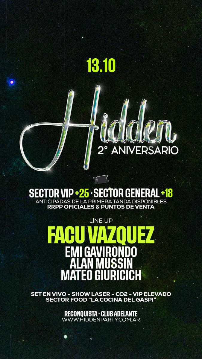 SORTEO 4 TICKET PARA EL 13 DE OCT.

2DO ANIVERSARIO HIDDEN  PARTY🔥

2 años de la primer edicion, que locoo.
2 años recibiendo el apoyo de ustedes para que nosotros podamos hacer lo que nos gusta. No saben lo bien que la pasamos con los pibes