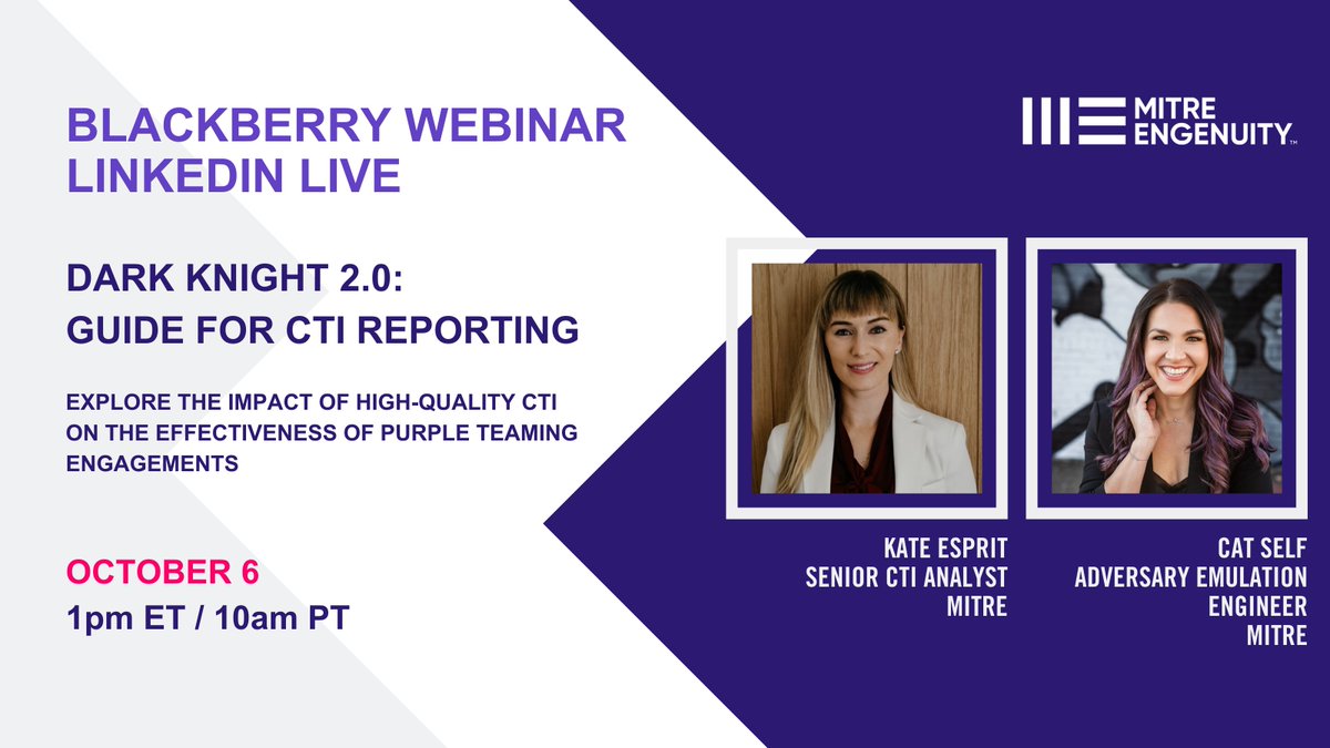 MITREattackDef's tweet image. Starting soon: DarkKnight 2.0: Guide for #CTIReporting Webinar
Join the BlackBerry and MITRE #ATT&CKEvals to talk successful #adversaryemulation (or as Batman would say, “becoming a dark knight”) through excellent #cyberthreatintelligence (CTI). hubs.ly/Q0246ZgV0