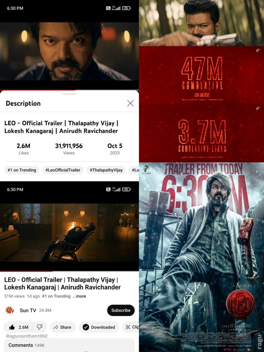 Ragunanthen1992's tweet image. #LeoTrailer (Tamil) in 24 Hrs💥
🔹 31.9 M (31,911,956) Updated Views (Record)
🔹 2.6 Million + Likes
🔹#1 on Trending
🔹REAL TIME VIEWS Cumulative Tamil + Telugu + Kannada + Hindi (10 PM): 47 M Views - 3.7 M Likes 
💥- youtu.be/Po3jStA673E
#Leo #1onTrending #LeoTrailerRecords