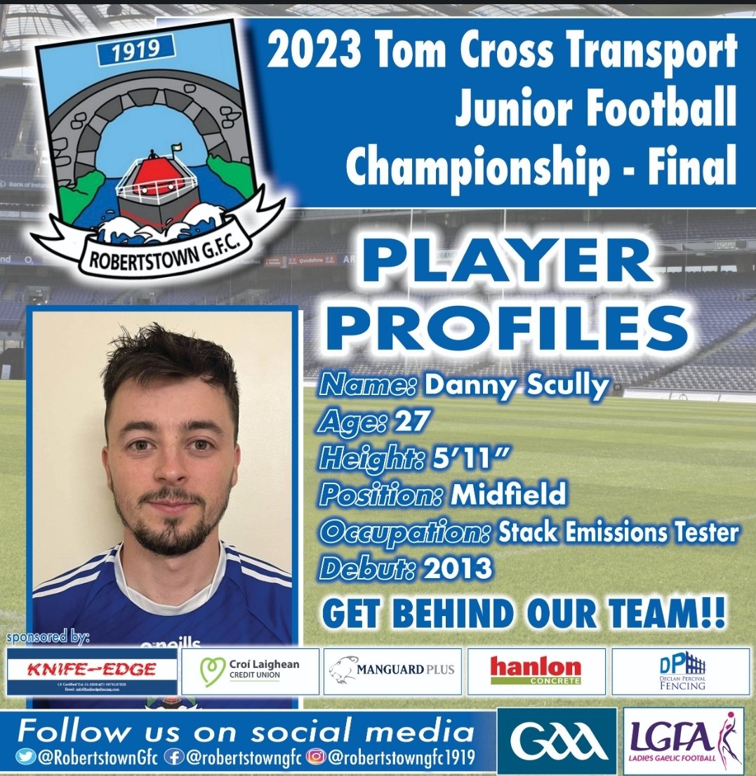 RobertstownGfc's tweet photo. Ahead of the Tom Cross Junior Football Championship Final on Sunday, we want you to meet the panel.
Next up, we have Danny Scully
#robertstownGFC #juniorfinal #tomcrossjuniorchampioship #knifeedgefencing #kildaregaa #meettheteam https://t.co/EZ67cWYi2l