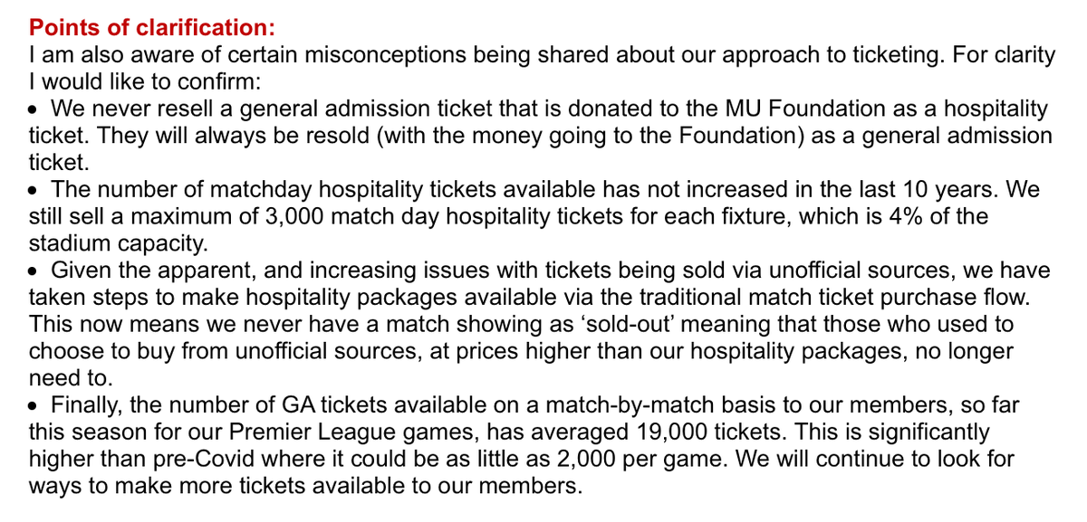 Points 2 and 4 on the points of clarification don’t add up. If there are 19K tickets available on average per match why am I as a member only ever being offered tickets at hospitality prices #Mufctickets #Statement
