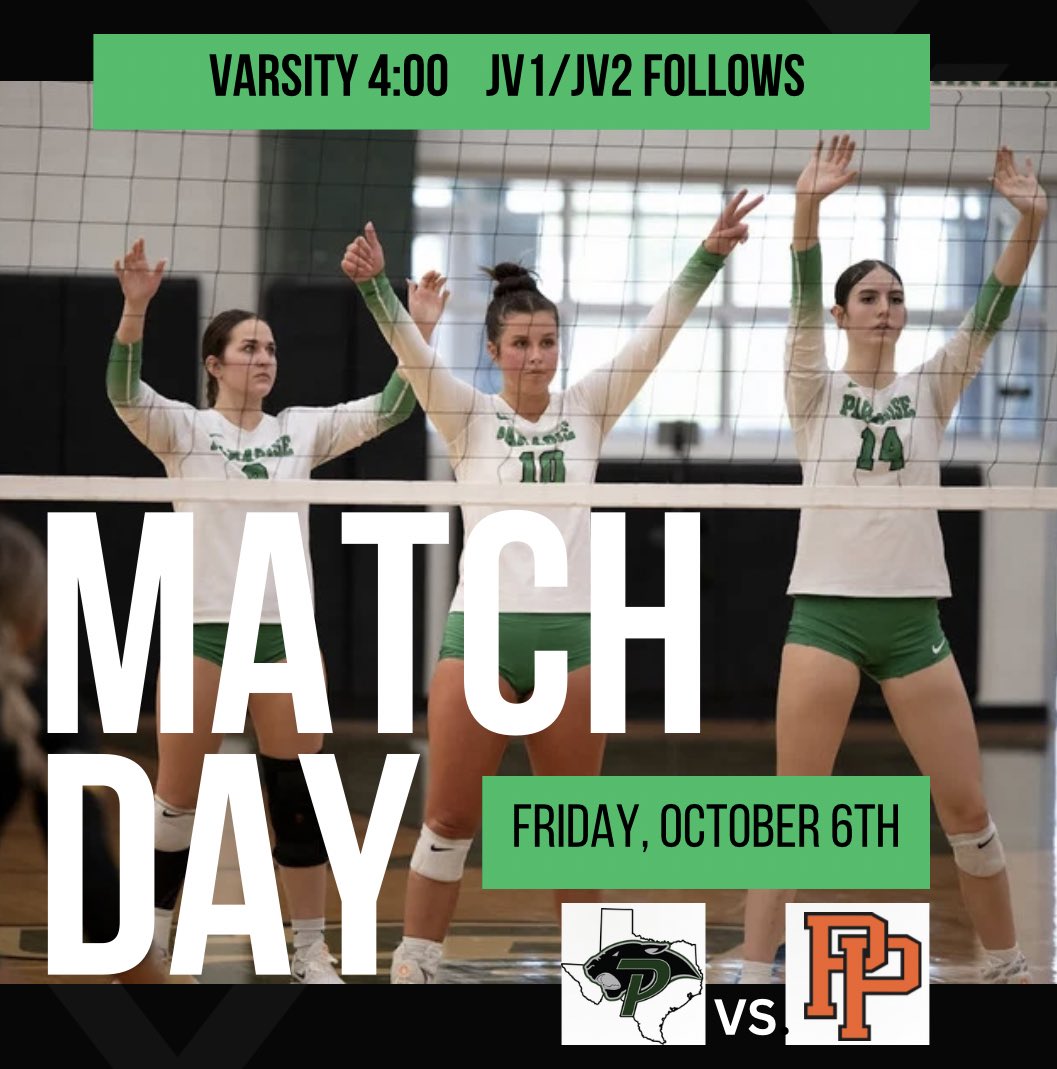 GAME DAY

Time: 4:00 Varsity, JV’s will follow (split courts) 
@ Pilot Point HS

Let’s Go Lady Panthers💚🏐

H.U.N.G.R.Y