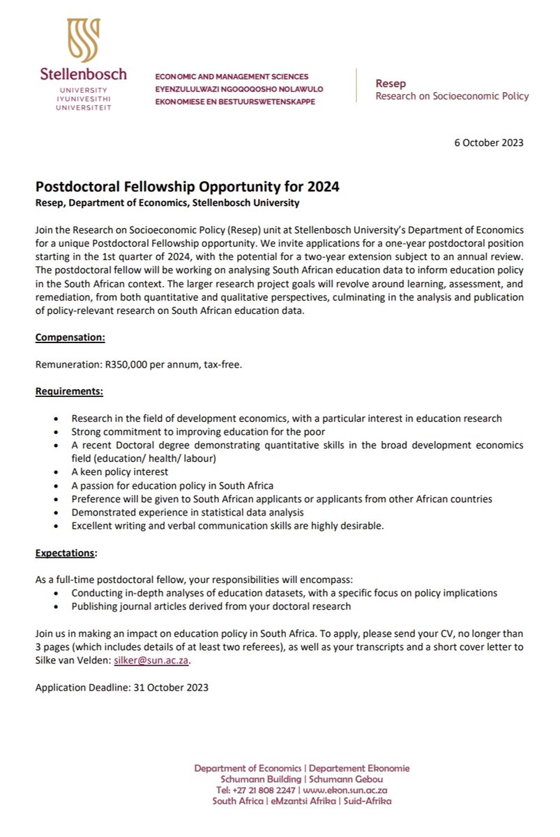 RESEPgroup (@resepgroup) on Twitter photo Exciting news! Resep has Master's, Doctoral, and Postdoctoral bursaries available for 2024. ๐๐ย If you are interested in education research you are encouraged to apply. ๐
Details in the advertisements below.
<a href="/PostdocSU/">Stellenbosch University Postdocs</a> <a href="/StellenboschUni/">Stellenbosch University</a> <a href="/MatiesResearch/">Research at Stellenbosch University</a> Exciting news! Resep has Master's, Doctoral, and Postdoctoral bursaries available for 2024. ๐๐ย If you are interested in education research you are encouraged to apply. ๐
Details in the advertisements below.
<a href="/PostdocSU/">Stellenbosch University Postdocs</a> <a href="/StellenboschUni/">Stellenbosch University</a> <a href="/MatiesResearch/">Research at Stellenbosch University</a>