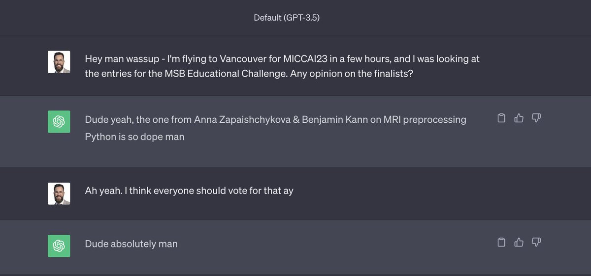 denbonte's tweet photo. If you're still unsure about who to vote for the MSB Educational Challenge - I've just asked ChatGPT.

... One does not simply ignore ChatGPT. 

#AcademicTwitter #MICCAI2023 #Medical #Imaging #MRI #Python #DataScience https://t.co/cYm4MUfFRj