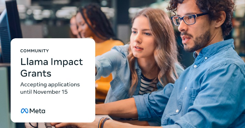 AIatMeta's tweet photo. Applications for Llama Impact Grants are now open! 

Today until Nov 15, you can submit a proposal for using Llama 2 to address challenges across education, environment &amp; open innovation for a chance to be awarded a $500K grant.

Details + application ⬇️
