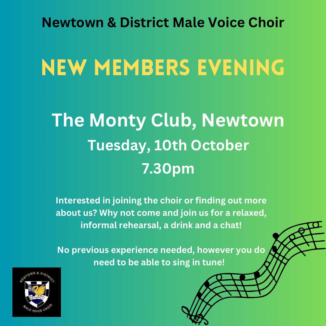 Newtown Male Voice (@newtownmvc) on Twitter photo On Tuesday, we are inviting anyone interested in joining the choir to come along to the Monty Club. π
We are a friendly bunch, so come along and join us for a drink. You will be made very welcome.
Please share to all interested. <a href="/my_newtown/">mynewtown</a>
<a href="/BBCRadioWales/">BBC Radio Wales</a> <a href="/PowysCC/">Powys County Council</a> <a href="/CountyTimes/">Powys County Times</a> On Tuesday, we are inviting anyone interested in joining the choir to come along to the Monty Club. π
We are a friendly bunch, so come along and join us for a drink. You will be made very welcome.
Please share to all interested. <a href="/my_newtown/">mynewtown</a>
<a href="/BBCRadioWales/">BBC Radio Wales</a> <a href="/PowysCC/">Powys County Council</a> <a href="/CountyTimes/">Powys County Times</a>