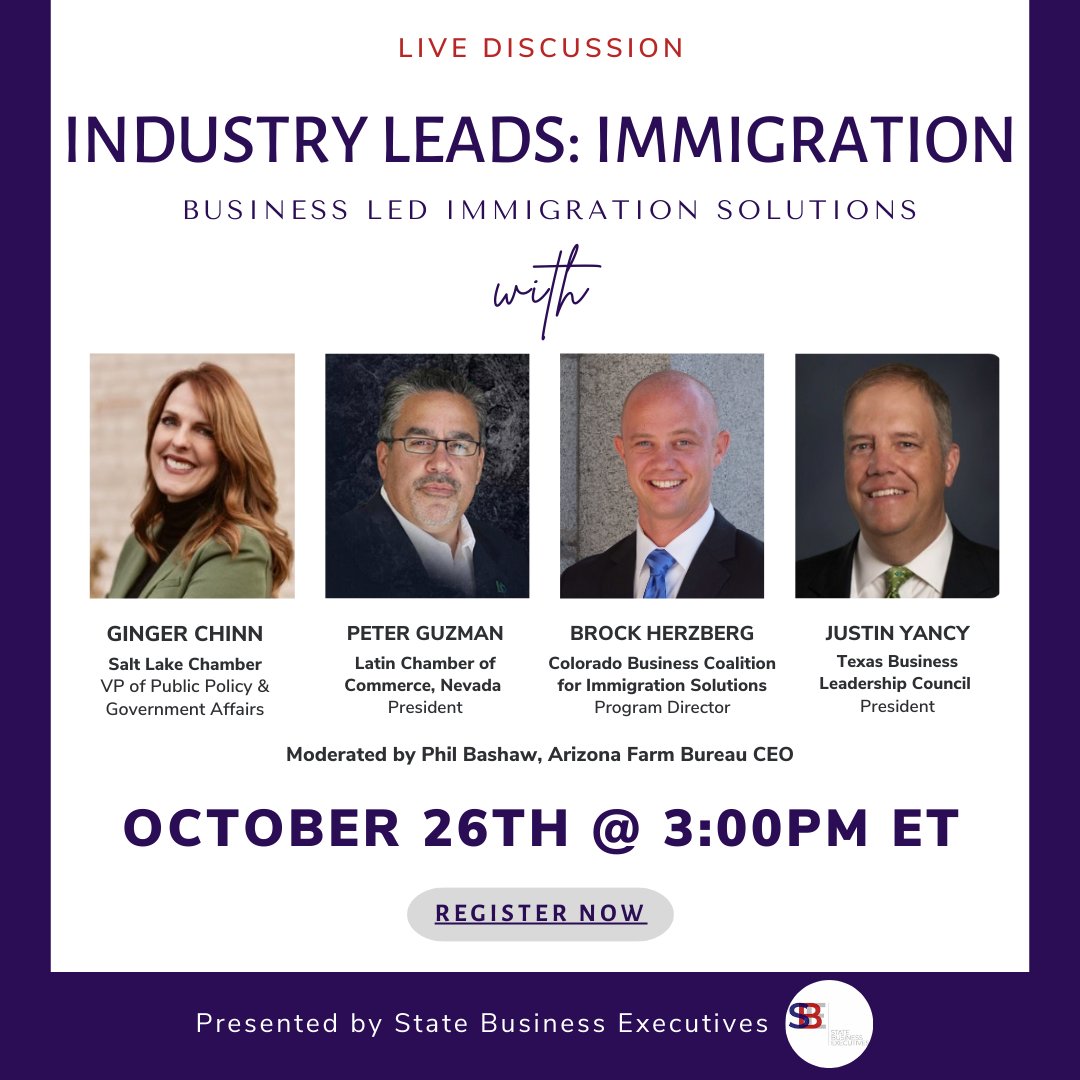StateBizExecs's tweet photo. Join us on October 26th for our Industry Leads series to discuss immigration solutions with top business leaders across the country. We look forward to seeing you there! Register TODAY: https://t.co/D6VyRSefzb @TX_BLC @saltlakechamber @lvlcc #business #immigrationreform https://t.co/WZuvmo8a6N