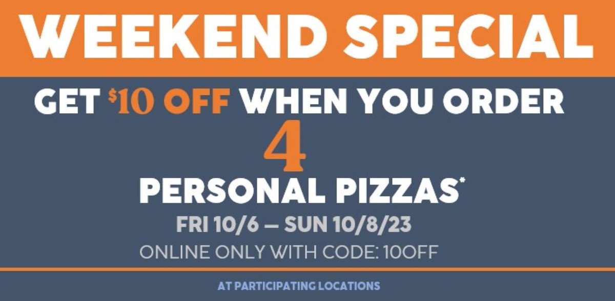 Get $10 off when you order 4 personal pizzas! 🥳 Use code "10OFF" at checkout - Valid on ONLINE ORDERS ONLY at order.thanx.com/piefivepizza *purchase any combination of four (4) personal Whatever I Want or Signature pizzas, get $10 off your purchase ($43.96 minimum purchase required).