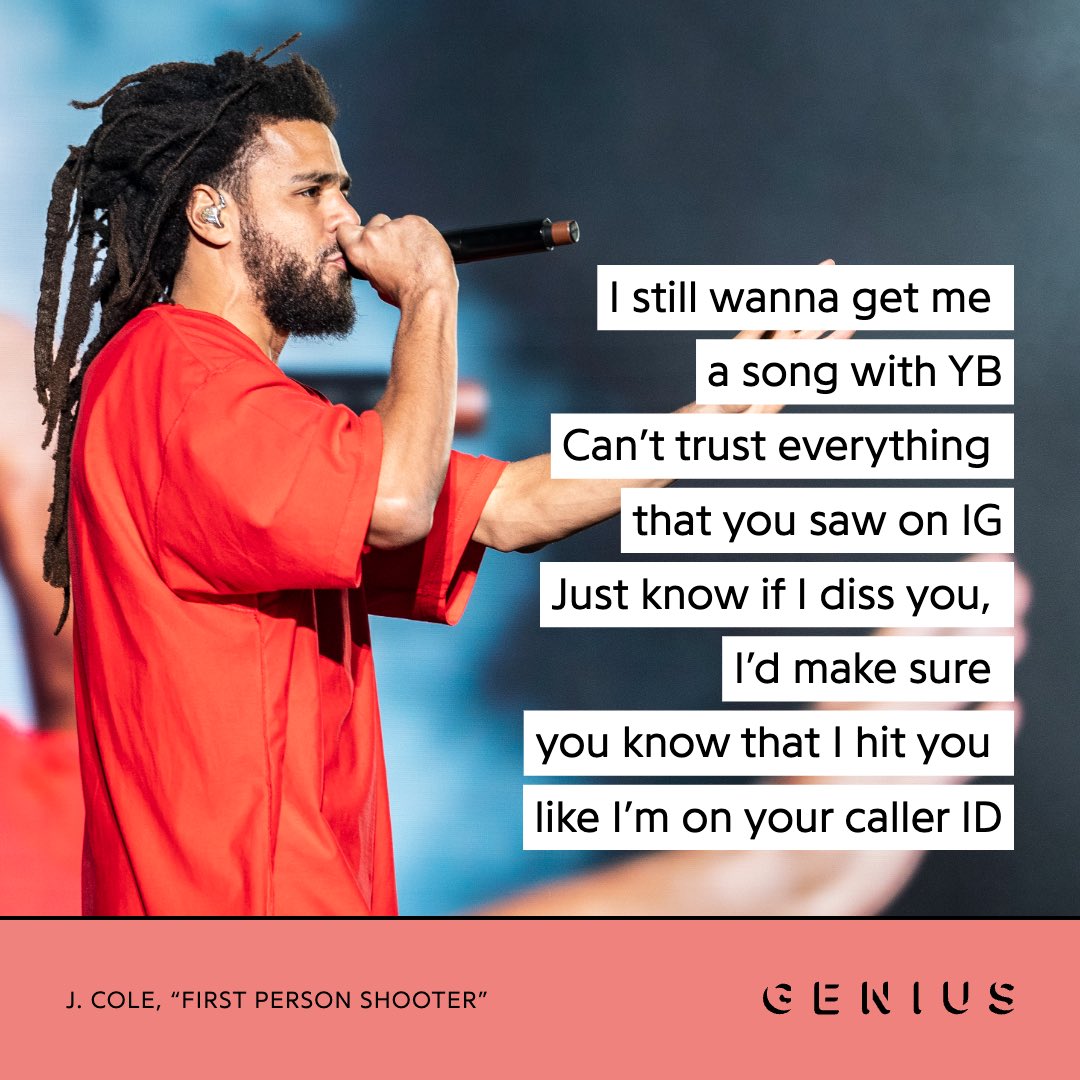 Genius's tweet photo. is “first person shooter” @JColeNC and @Drake best collab? cuz this #jcole verse got us like 👀👀👀 https://t.co/qbJclTaB15