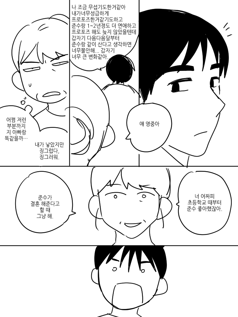 Dovahkiin_BQ's tweet photo. 빵준
영중이 엄마랑 준수와의 결혼을 앞 둔 영중이의 주절주절.
저세상낙서퀄.  3페이지 마지막 컷 그리고 싶어서 시작했습니다.... https://t.co/RaIjWngFG4