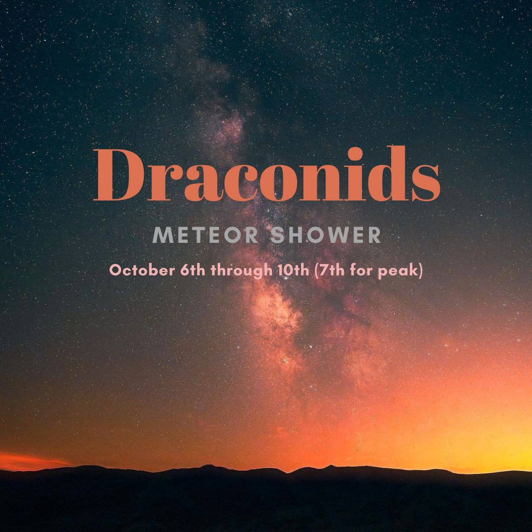 The Draconids is a minor meteor shower producing only about 10 meteors per hour. The Draconids is an unusual shower in that the best viewing is in the early evening instead of early morning like most other showers.  The second quarter moon will dark skies in the early evening for