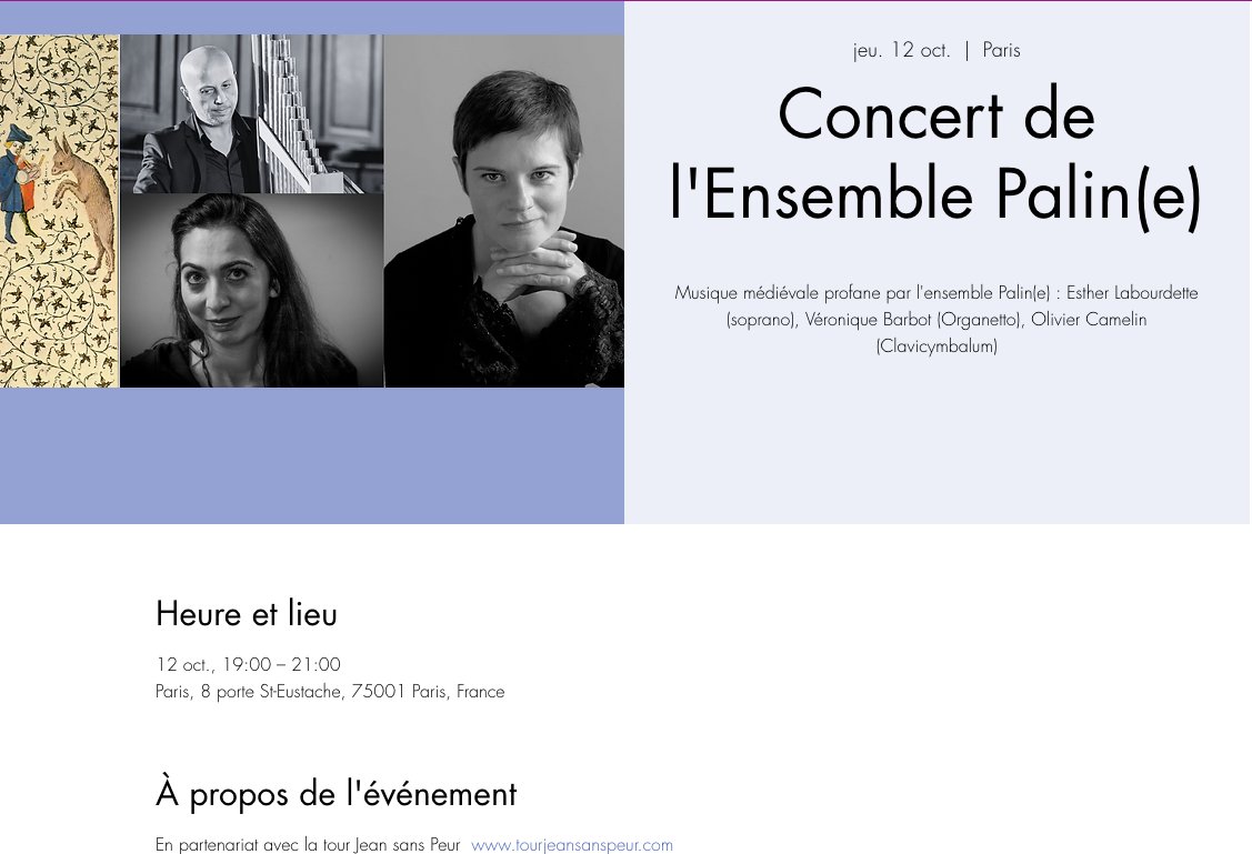 Tour Jean sans Peur (@tourjsp) on Twitter photo Vous vous demandez ce qu'est un clavicymbalum? un organetto?
Venez les entendre à la <a href="/mmp/">Mark Paulson</a> le 12/05 avec les musiciens #OlivierCamelin, #VéroniqueBarbot accompagnant la soprano #EstherLabourdette!
Concert de #MusiqueMédiévale à la <a href="/MmpParis/">Médiathèque musicale de Paris 💿</a> avec l'Ensemble Palin(e)
Entrée libre!🎶 Vous vous demandez ce qu'est un clavicymbalum? un organetto?
Venez les entendre à la <a href="/mmp/">Mark Paulson</a> le 12/05 avec les musiciens #OlivierCamelin, #VéroniqueBarbot accompagnant la soprano #EstherLabourdette!
Concert de #MusiqueMédiévale à la <a href="/MmpParis/">Médiathèque musicale de Paris 💿</a> avec l'Ensemble Palin(e)
Entrée libre!🎶