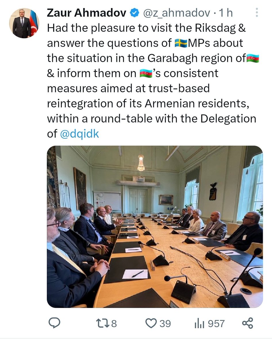 In English: MPs from the Christian Democrates of Sweden invited an Azerbaijani delegation to the Sweeish parliament. It was framed as a meeting with the @wordoflife, but appeared to be used by the Azerbaijani regime to present its view on Nagorno-Karabakh.