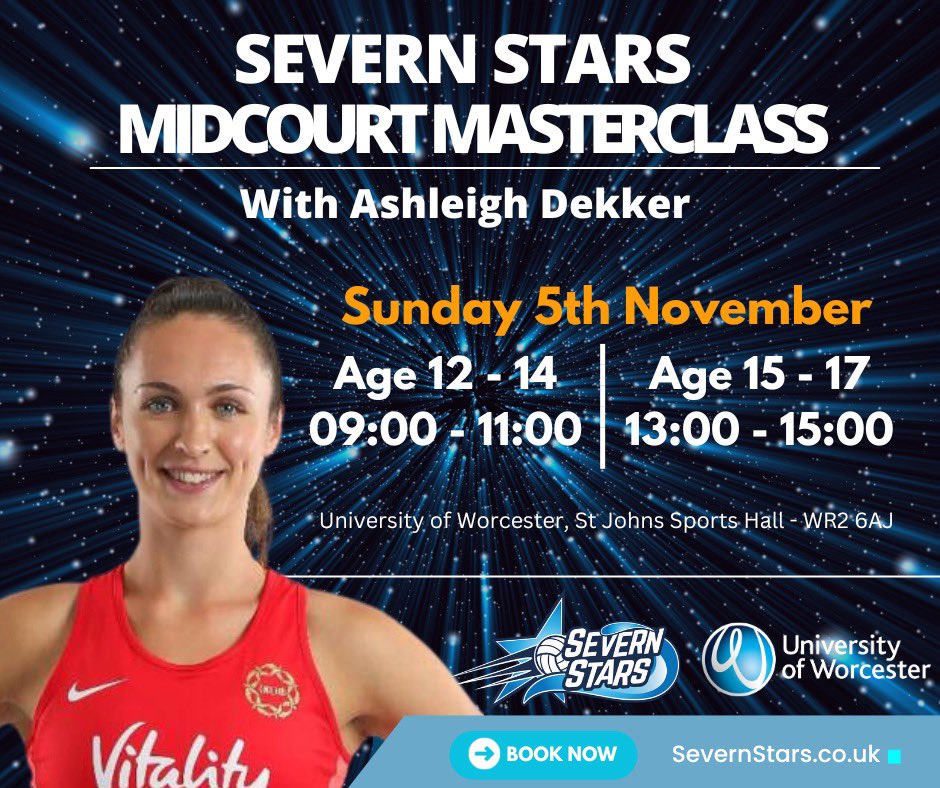 SevernStars's tweet photo. Midcourt Masterclass 🪄 

Are you a budding midcourt player aged 12-17 wanting to improve your skills learning from the best? 
Vitality Future Rose &amp; Severn Stars NSL player @AshleighDekker is hosting a masterclass on Sunday 5th November 🤩

BOOK NOW 👉 https://t.co/i67LhGmPC3 https://t.co/W0AZekGtPU