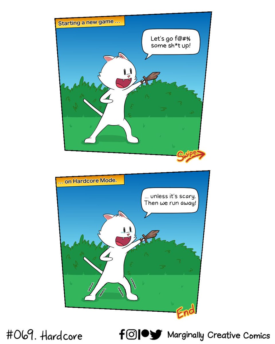 m_c_comics's tweet photo. New Comic! Comic #069. The rush of starting a new game!… but it’s on Hardcore and you don’t want to die. 😩
#comic #comics #webcomic #webcomics #humor #funny #art #drawing #digitalart #cat #cats #game #games #videogame #hardcore #brave #notbrave https://t.co/N595FxDYlq