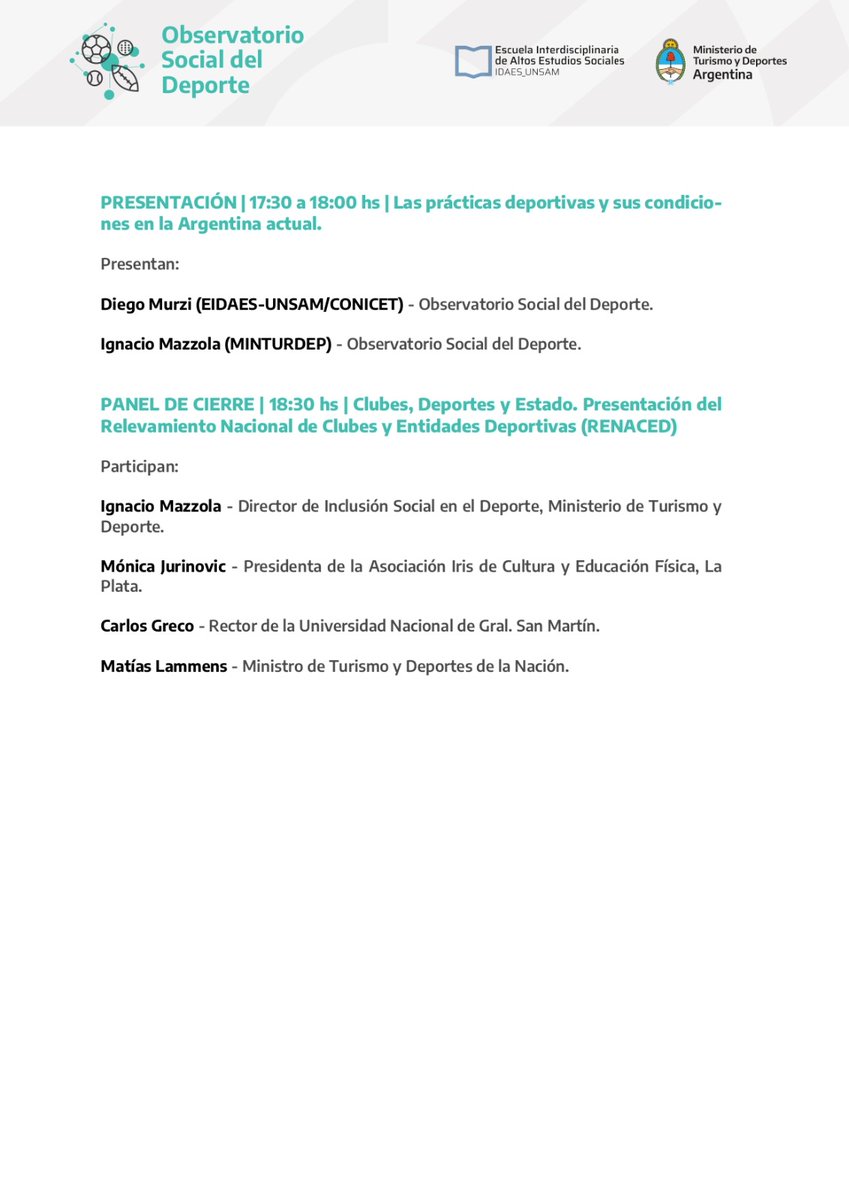 🗓 miércoles 11 de octubre, de 9 a 19.30 horas

📍 Aula Tanque del Campus Miguelete, <a href="/unsamoficial/">Universidad Nacional de San Martín</a>

➕ Entregaremos certificados de participación.

🔗 Inscribite en: argentina.gob.ar/turismoydeport…