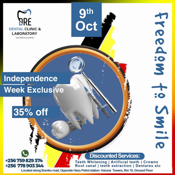Dredental's tweet photo. Independence Joy, Dental Bliss! 🎈 Embrace a 35% discount on dental treatments at Dre Dental Clinic during Uganda Independence Week. Let your smile echo the spirit of freedom! 🇺🇬😄
Kubiri Round, Haruna Towers,Ground Floor Room 10.
0759 829 374☎️0778 903 344🦷❤️
#SmileBright https://t.co/2qWIWquLTY