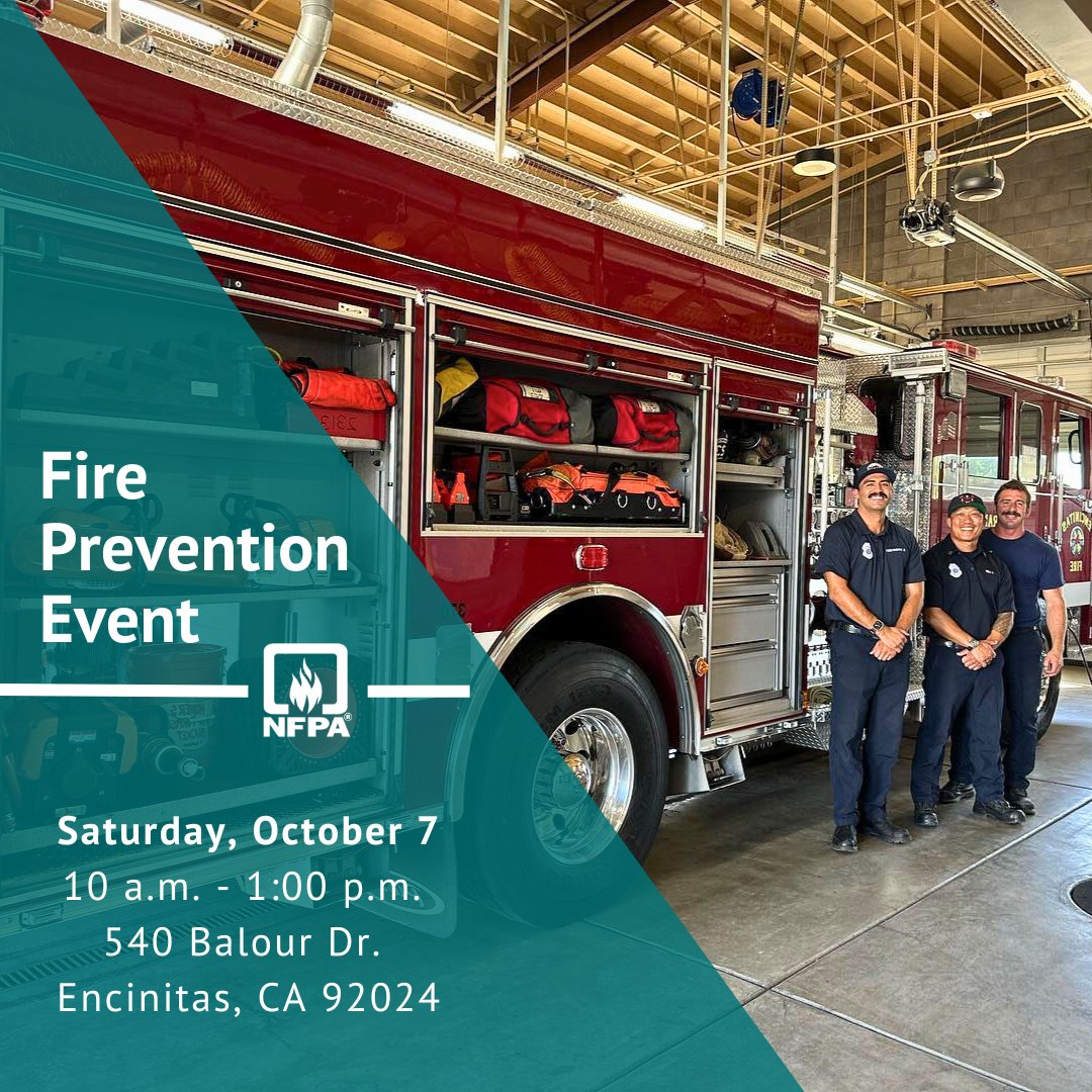 EncinitasGov's tweet photo. Join us for Encinitas Fire Department's Fire Prevention Day! 🧯
📅Saturday, October 7
📍Fire Station 5-540 Balour Dr.
#EncinitasFire🧯 https://t.co/0IV8LgTbA3