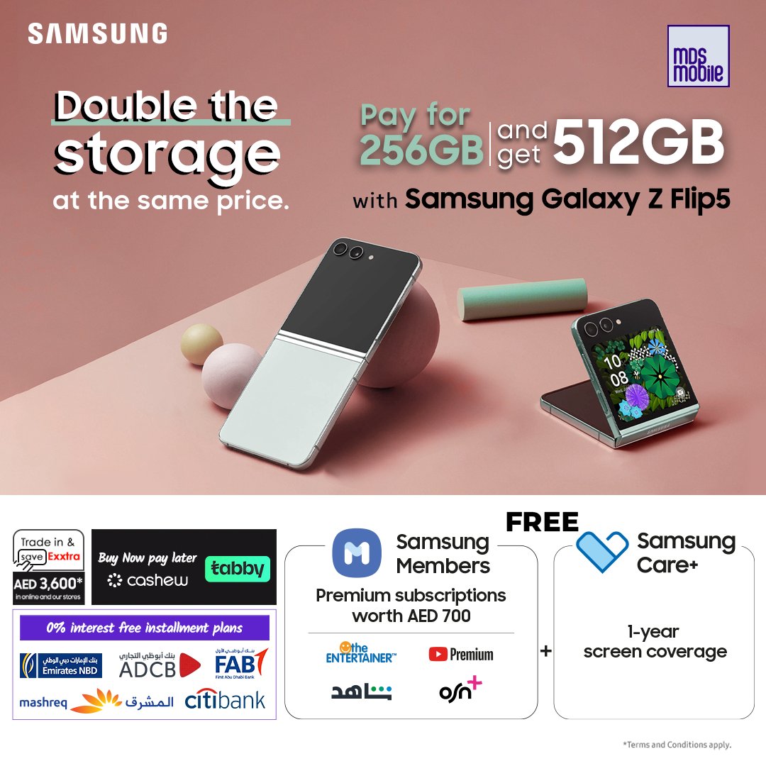 MDSSamsung's tweet photo. Two times the storage, half the cost. Samsung Galaxy Flip5 is changing the game: buy 256GB and get 512GB instead! 🔥
Shop Now: https://t.co/rUPTTrkPAy
#Promotion #Flip5 #UAE #dubai #abudhabi #Samsung #MDSmobile https://t.co/Z3Ehgii9Ep